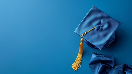 A classic graduation cap sits elegantly against a blue background, representing academic achievement and the transition to a new chapter in education and life.