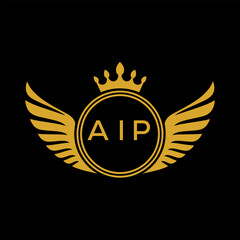 AIP Royal Golden Wing Logo with Crown and Initials - Premium Brand Identity Design on Black Background. AIP Letter Logo.
