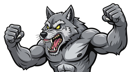 Cartoon muscular werewolf roaring with clenched fists and bared teeth.