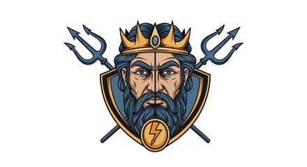 Cartoon Poseidon Head with Crown, Beard, and Crossed Tridents