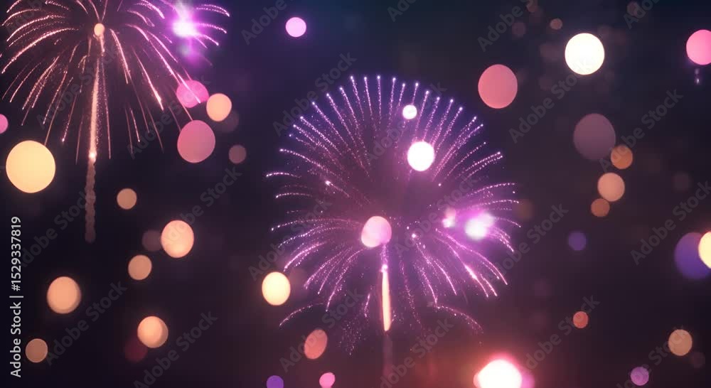 Aufkleber shining fireworks display explosion with bokeh lights in night sky loop animation background birthda