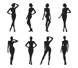 Collection of female silhouettes in stylish poses highlighting curves and body confidence, vector illustration. Women figures depicted in graceful stances.