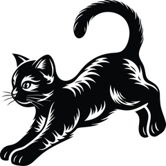 Leaping fluffy black feline with outlined detail is captured in a dynamic action pose