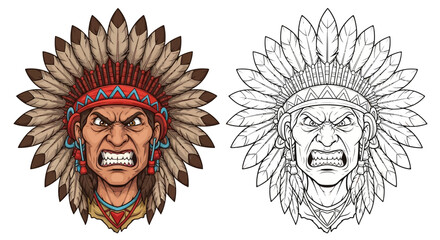 Angry Native American Indian Chief Headdress Portrait Illustration