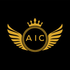 AIC Royal Golden Wing Logo with Crown and Initials - Premium Brand Identity Design on Black Background. AIC Letter Logo.
