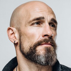 Stock photo of bald man with beard and earring looking up for commercial use and creative projects