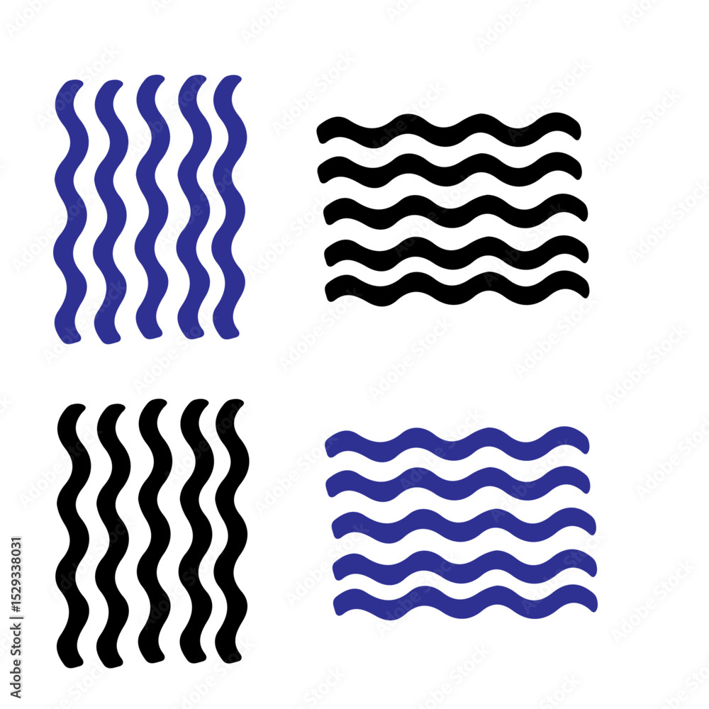 Poster four wavy line patterns in blue and black arranged in a square format on a white background simple d