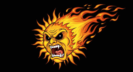 Cartoon Sun Character with Angry Expression and Flames
