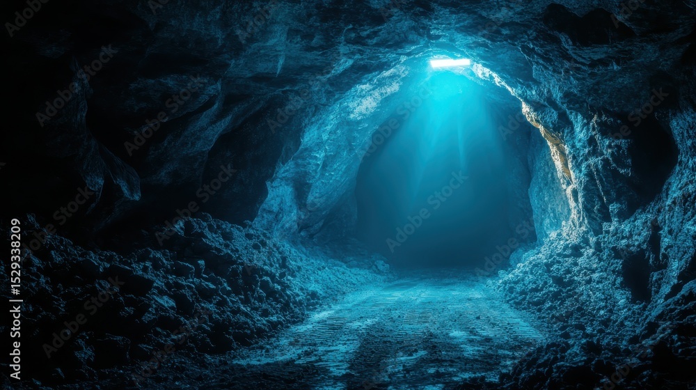 Aufkleber a serene view of a dark cave entrance illuminated by soft turquoise light, creating an otherworldly 