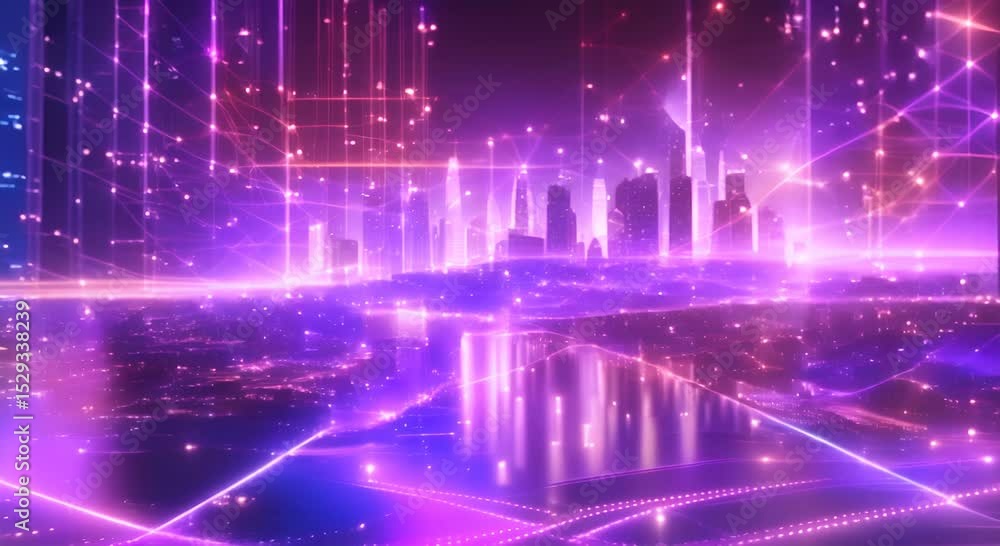 Aufkleber cyber wave technology background digital cyberspace city with particles and digital data network con