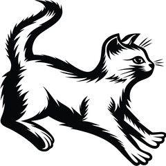 Monochrome domestic cat is leaping forward from the grass in minimalist image