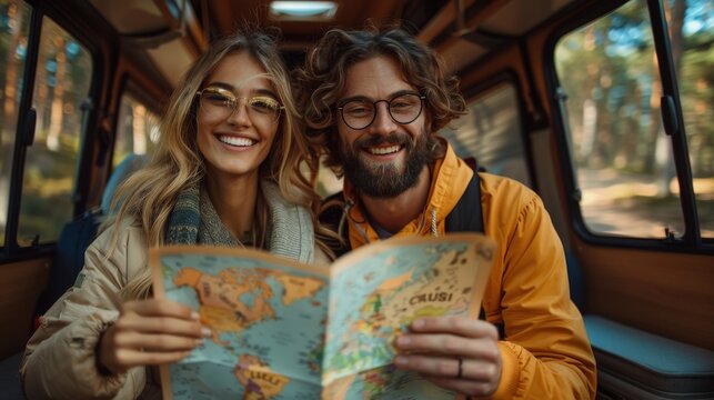 A joyful couple smiles while examining a map in a cozy van, symbolizing adventure and togetherness in a warm atmosphere surrounded by nature's beauty.