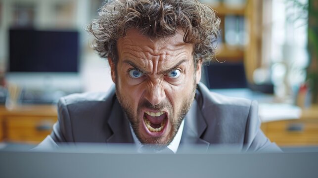 A man displays frustration and anger while staring intensely at his computer screen, embodying emotions of stress and challenges faced in the digital era.