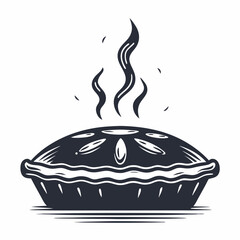Monochrome drawing shows a warm pie with steam coming from the top
