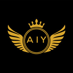 AIY Royal Golden Wing Logo with Crown and Initials - Premium Brand Identity Design on Black Background. AIY Letter Logo.
