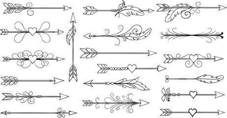 Hand-drawn arrows with heart feather and swirl decorative elements isolated on white background for design