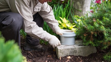 Gardener installing a plant pot in a vibrant garden during springtime activities