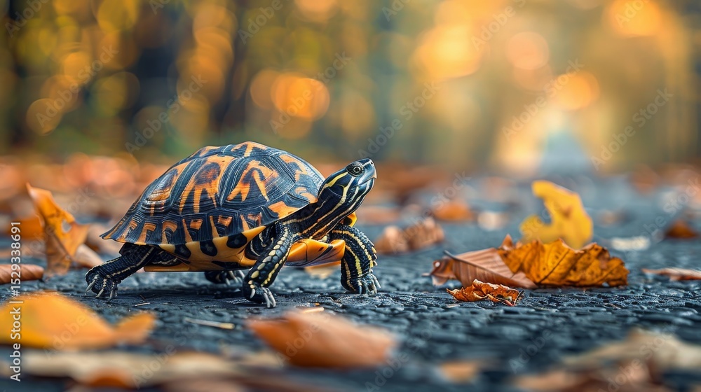 Poster a vibrant turtle emerges on a leafy path, showcasing its distinctive shell patterns beautifully surr