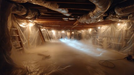 Fog fills a basement during renovation with bright lights illuminating the space at night