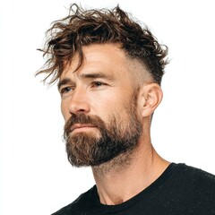 Man with curly hair and beard looking to the side isolated on white background studio shot portrait