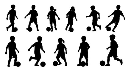 Children Playing Soccer Silhouette Set