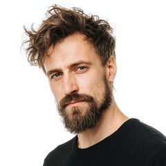 Portrait of handsome man with beard and messy hair looking at camera on white background for stock photography