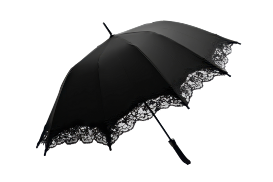 Elegant black umbrella with lace trim isolated on black background