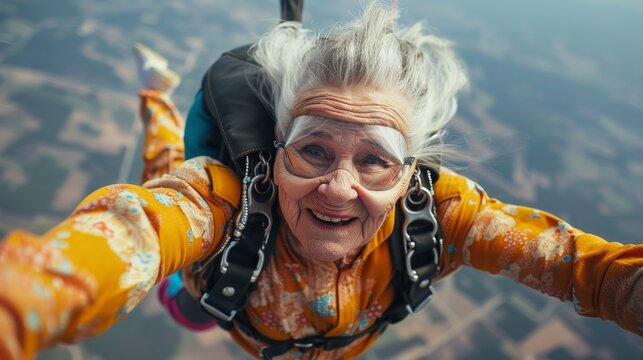 An adventurous elderly woman joyfully skydives through the sky, showcasing a spirit of fearlessness and vitality that defies age and inspires others to embrace life.