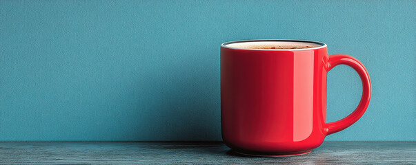 Vibrant red coffee mug sits on wooden surface against blue background