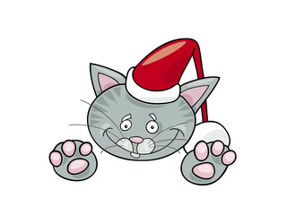 A Cheerful Grey Tabby Cat Wearing a Festive Red Santa Hat With a White Fluffy Trim and Pompom