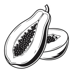 Monochrome papaya halves reveal seeds; a simple, black and white presentation shines