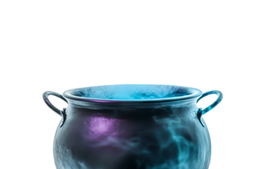 Mysterious glowing cauldron with blue smoke against black background