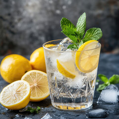Summer detox refreshing drink or alcoholic cocktail with lemon slices and ice, garnished with a sprig of mint. Chilled water with lemon. Healthy drinks