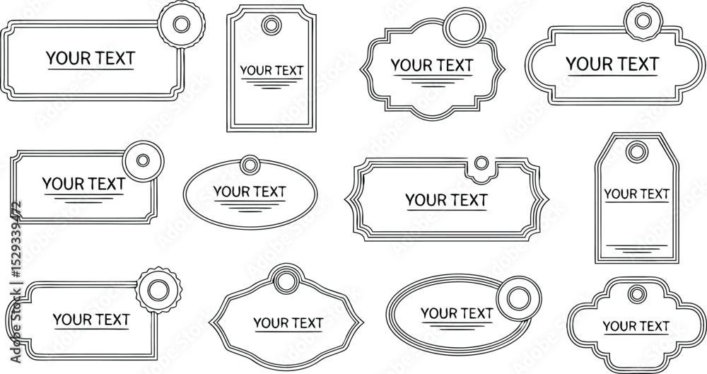 Poster vector illustration of decorative labels and tags in various shapes with customizable text elements