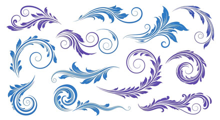 Elegant Floral Swirls and Leafy Designs in Blue and Purple