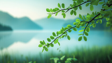 Fototapeta premium Tranquil scene of lush green leaves over a serene lake and distant mountains