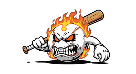 Enraged Flaming Baseball Mascot with Bat