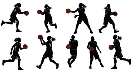 Female Basketball Players in Action Silhouettes