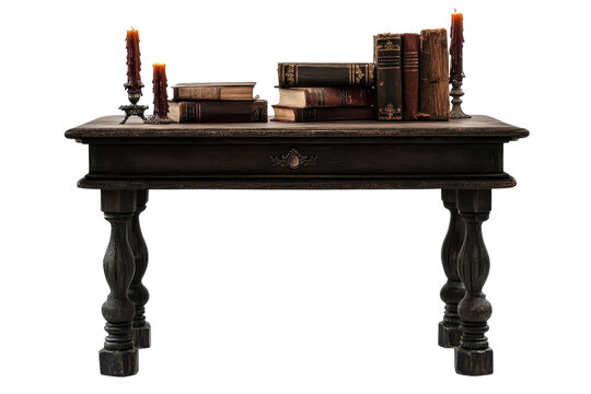 Antique wooden table with vintage books and candlelight for a cozy study ambiance