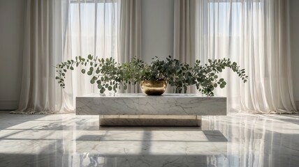 Marble Plinth Coffee Table with Greenery in a Minimalist Interior; Elegant White Marble Table with Botanical Decor and Sheer Curtains.
