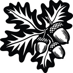 Oak leaves and acorns cluster together in a striking black and white image