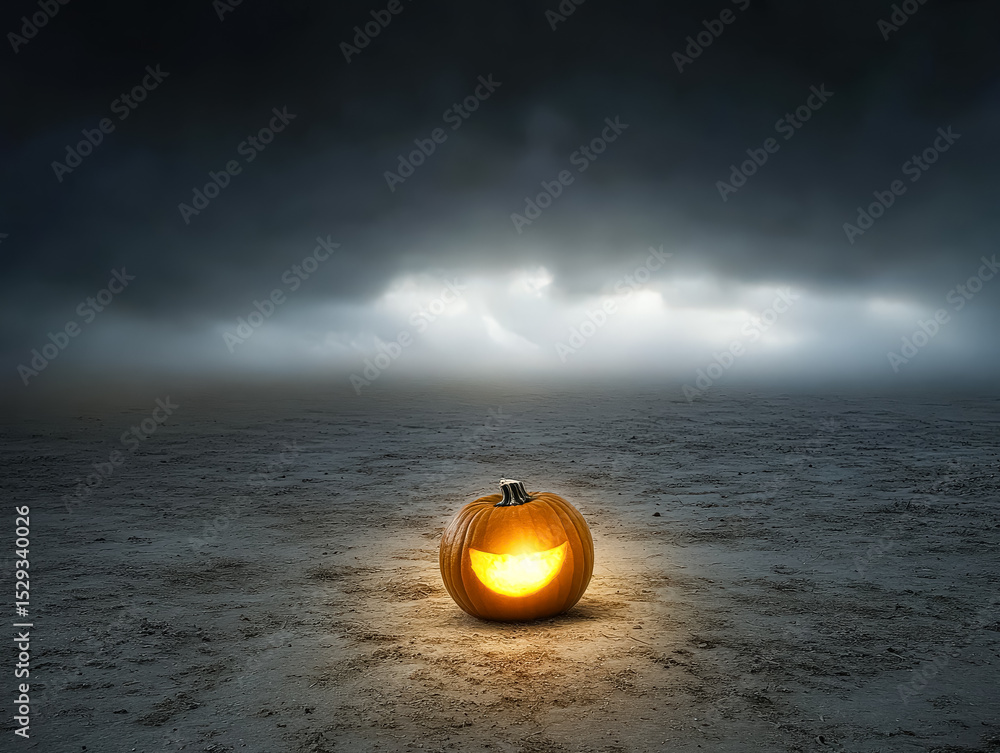 Poster pumpkin with a smiley face is lit up in the dark. the scene is set in a desolate, empty field