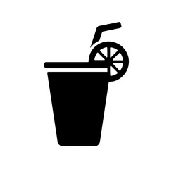 A refreshing drink icon, illustrated in striking black. A silhouette of a beverage cup, a straw, and a slice of lemon for visual appeal.