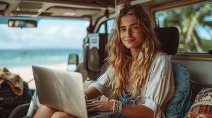 A cheerful young woman captures the essence of freedom and productivity while working on her laptop, surrounded by the tranquil beauty of the beach and ocean.