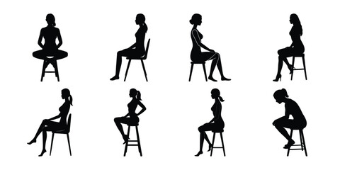 Women sitting on a chair, silhouette vector bundle  on a white background
 