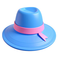3D summer beach hat in blue with pink ribbon, fun cartoon icon style on transparent background