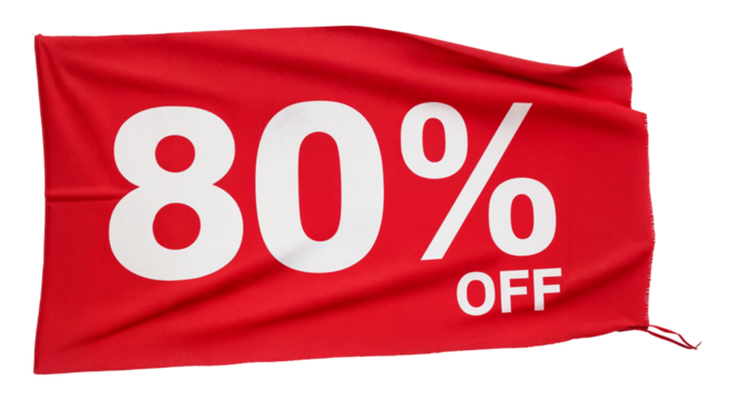 Red 80 percent off sale banner isolated on transparent background