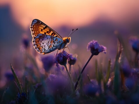 Butterfly perched on a purple flower in the sunlight