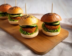 Several small burgers are on a wooden board, they have lettuce and cucumber and look ready to eat, there is fabric under the board on the table.