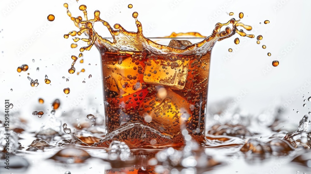 Poster this dynamic image showcases a vibrant splash of a soda drink in a glass filled with ice, capturing 